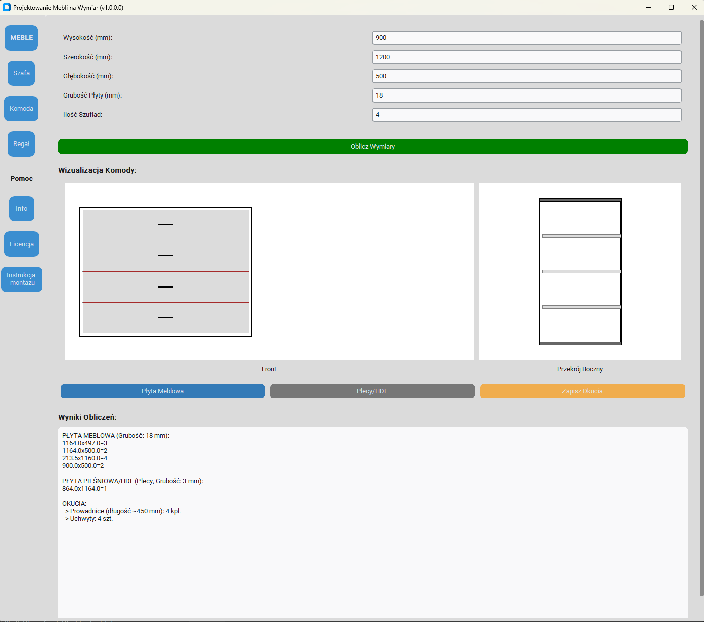 Obliczenia Komody i lista elementów do cięcia